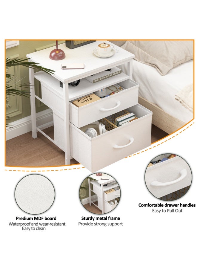 SHEIDLIN طاولة سرير عصرية مع رف مفتوح، طاولة جانبية بيضاء، طاولة متينة لغرفة المعيشة، طاولة سرير لغرفة النوم مع درجين من القماش. - Image 5